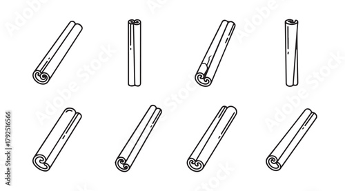Eight hand drawn line art illustrations of cinnamon sticks in a silhouette style