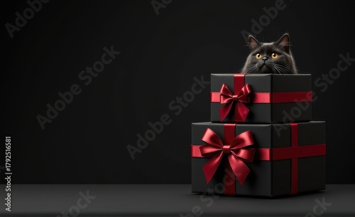 Mysterious Black Cat Peeking Over Stacked Black Gifts with Black Ribbons, Monochrome Luxury Black Friday/Holiday Banner with Cat and Dark Presents