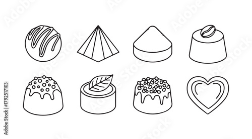 Collection of eight assorted sweet chocolate truffle desserts in a simple line drawing silhouette