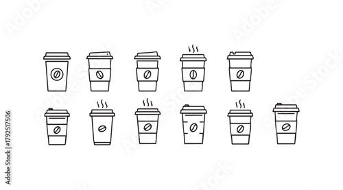 Collection of hand drawn coffee cup silhouettes with steam in a simple sketch style silhouette