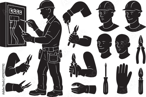 Electrician silhouette set: worker at electrical panel, hard hat. isolated heads, hands with screwdrivers, pliers, wire strippers. electrical repair, construction, maintenance work.
