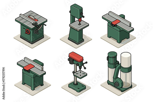 Six isometric icons of essential power tools used in professional carpentry workshops