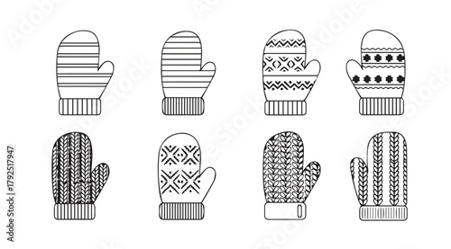 Collection of eight hand drawn winter mittens with diverse patterns silhouette