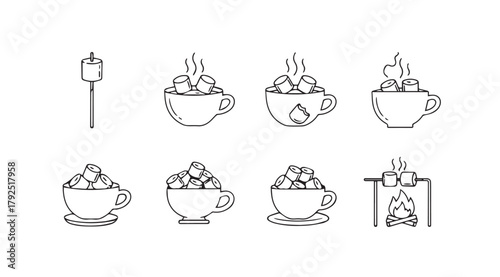 Collection of charming hand drawn hot chocolate and marshmallow illustrations silhouette