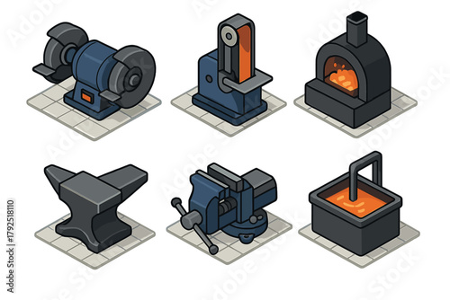 Essential metalworking tools and equipment set: anvil, forge, grinder, vise, quenching tank