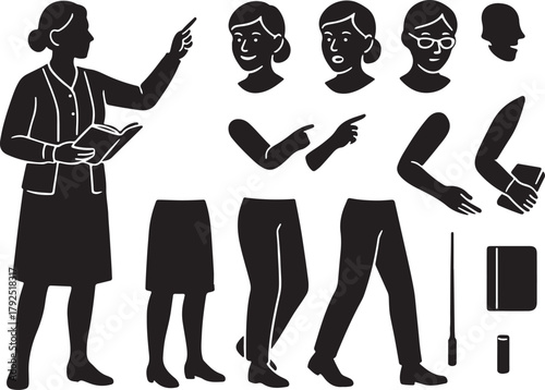 Female teacher instructor character creation kit vector silhouette with various interchangeable body parts, heads, arms, legs, and classroom accessories for educational design