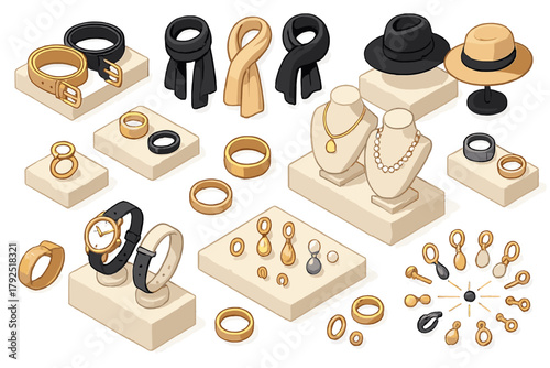 Isometric display of gold and black luxury jewelry and fashion accessories