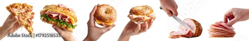 Set of hand holding ham, Parma Prosciutto fermented cured processed turkey pork meat, bagel sandwich submarine bread pizza, knife slice pile, transparent cutout PNG. Many different style Mockup	
