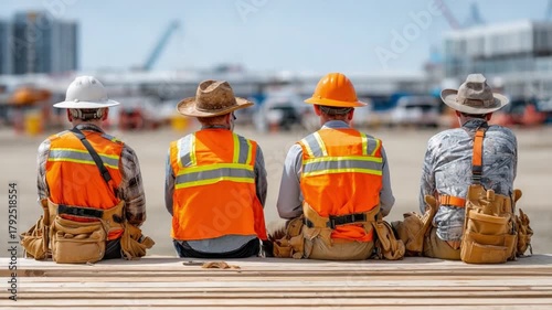 Building Team: A group of construction workers, wearing safety gear, take a moment of respite outdoors, gazing at the construction site.