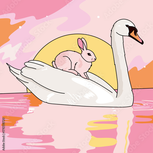Swan and Pink Bunny Swimming on a Calm Water Lake with a Big Sunset and Colourful Wavy Sky Background