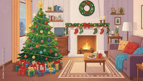 Cozy living room with Christmas tree and gifts near fireplace, background  