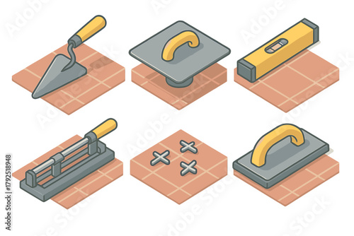 Professional masonry and tiling tools set featuring trowel, grout float, tile spacers, and spirit level in isometric view