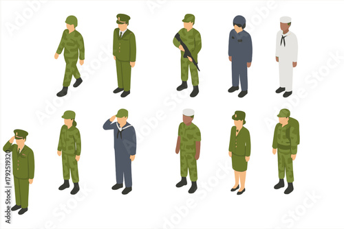 Diverse military personnel set in isometric view wearing various uniforms and ranks