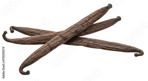 Aromatic vanilla beans isolated PNG, natural flavoring ingredient for baking and desserts on transparent background