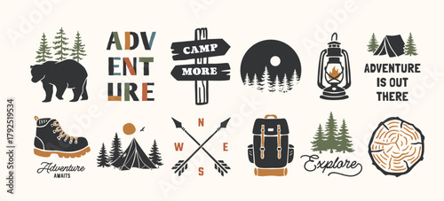 Adventure themed vector set with camping elements. Tents, trees, a backpack, a lantern, a compass, a bear, and typography. Perfect for outdoor, hiking, and travel design projects.
