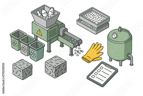 Isometric set of machinery and materials for industrial plastic recycling process