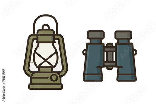 Traditional oil lamp and modern binoculars for outdoor adventure and exploration