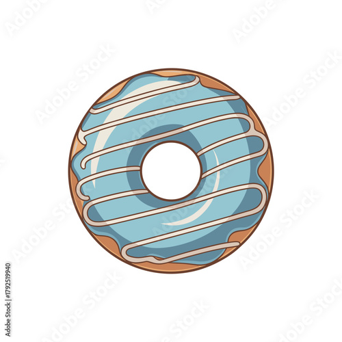 Iced donut with blue glaze and white icing decoration  