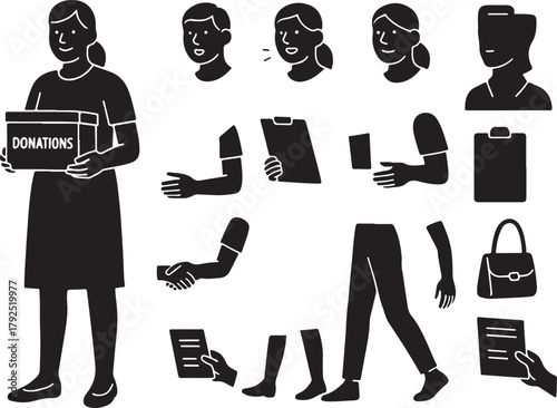 Versatile character construction kit with diverse heads, interchangeable body parts like arms holding donation box, clipboard, and handshake, for custom human figures and interactive scenes.