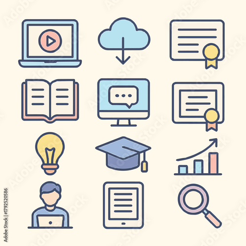 Collection of flat design icons representing online learning, education, and research tools for digital study