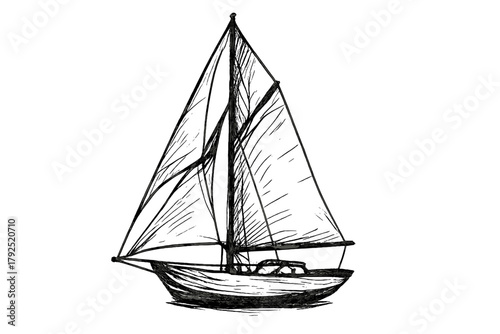 Detailed hand drawn sketch of a classic sailboat yacht sailing on the water