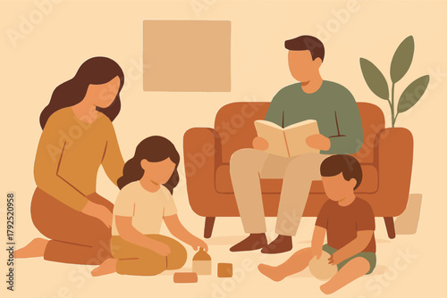Cozy Family Reading Session Parents and Children Enjoying Quality Time Together at Home