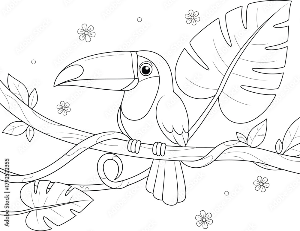 Fototapeta premium Adorable Toucan Coloring Page on a Branch with Tropical Leaves - Jungle Bird Line Art Illustration for Kids