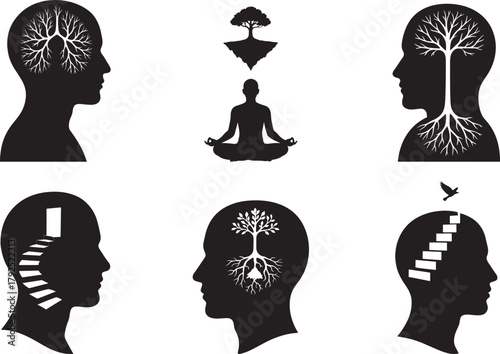 Abstract silhouetted human heads featuring tree branches, roots, stairs, and a meditating figure, representing consciousness, mental growth, personal development, spiritual journey, and insight