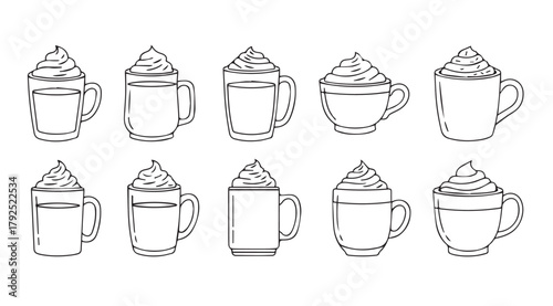 Collection of hand drawn coffee drinks with whipped cream silhouette