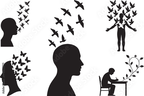 Conceptual illustration of human mind freedom and creativity, featuring diverse silhouettes of people with flying birds and butterflies symbolizing thought, imagination, expression, and inner growth.