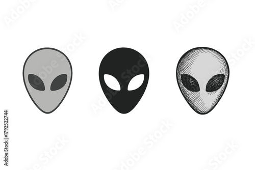 Three distinct styles of extraterrestrial alien head symbols on a white background