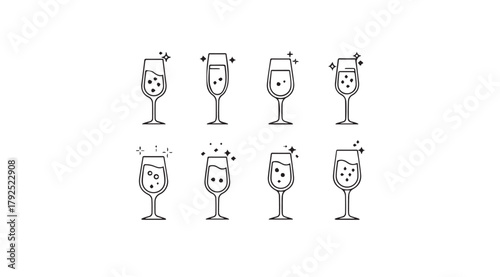 Eight stylized champagne flute glasses filled with bubbly drinks silhouette