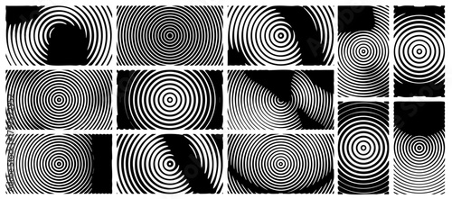 Abstract black and white halftone circle texture collection with concentric optical patterns, wave interference effects, and geometric gradients for modern backgrounds and digital art design
