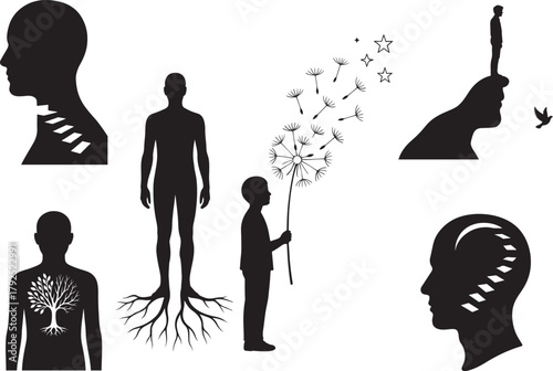 Conceptual human silhouettes illustrating inner growth, personal journey, connection to nature, mind's potential, dreams, aspiration, spiritual evolution, and freedom on white.