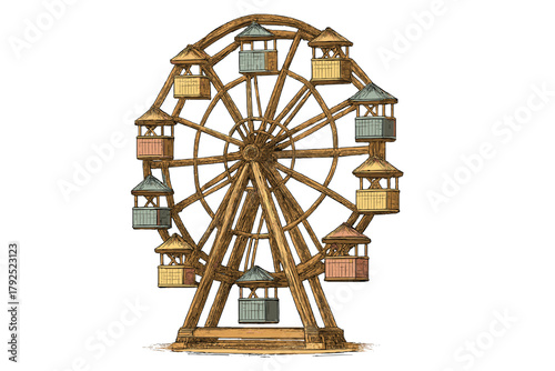 Vintage wooden Ferris wheel with colorful passenger cabins isolated on white background