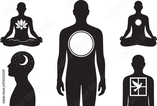 Spiritual wellness and inner peace concept with human silhouettes meditating, featuring lotus flower, sun, moon, stars, and a dove escaping a window, representing mind, body, and soul harmony.