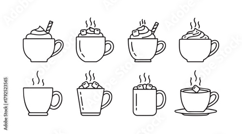 Collection of eight steaming hot beverage cups in a simple line drawing silhouette style