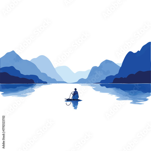 Blue ink wash painting of panorama with a lone fisherman on calm waters and distant mountains. Traditional oriental ink painting sumi-e, u-sin, go-hua. Hieroglyph - life energy.