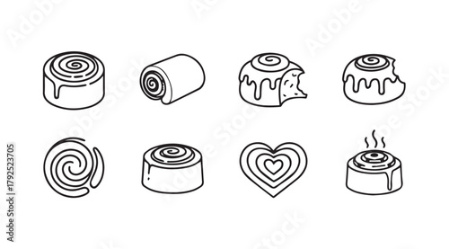 Collection of eight hand drawn cinnamon roll illustrations in a unique silhouette style
