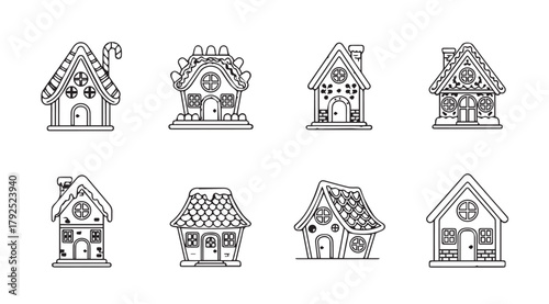 Collection of eight detailed gingerbread house outlines in a charming silhouette style