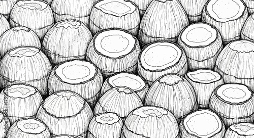 Hand drawn sketch of a pile of fresh young coconuts for drinking.