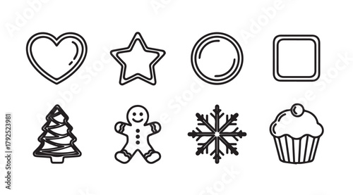 Collection of eight hand drawn christmas cookie cutter shapes silhouette
