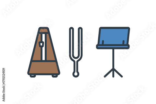 Collection of essential musical tools including metronome, tuning fork, and music stand