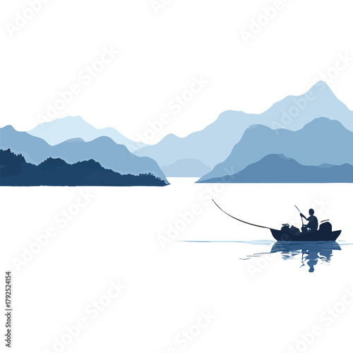 Blue ink wash painting of panorama with a lone fisherman on calm waters and distant mountains. Traditional oriental ink painting sumi-e, u-sin, go-hua. Hieroglyph - life energy.