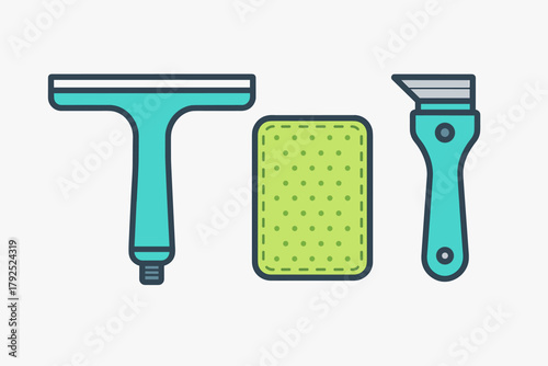 Essential cleaning tools set with squeegee, scrubbing sponge, and utility scraper for household maintenance