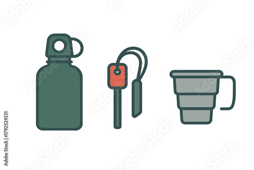 Essential outdoor survival gear set with water bottle, fire starter, and collapsible camping cup