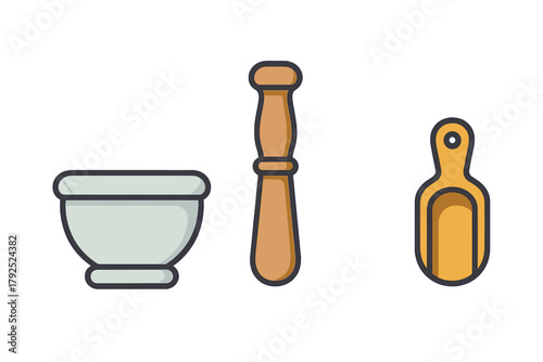 Essential kitchen tools set featuring a mortar, pestle, and spice scoop