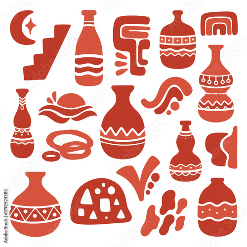 Abstract collection of organic and geometric shapes in terracotta color with various patterns and textures.