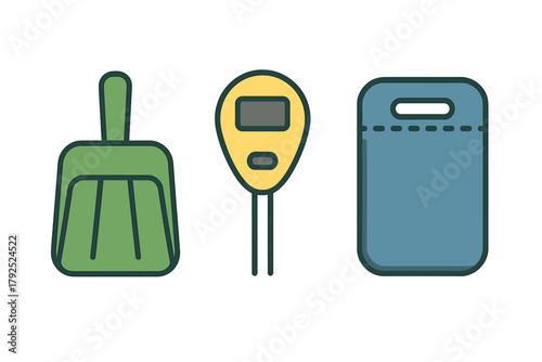 Set of household cleaning and gardening tools including dustpan, soil meter, and cleaning cloth