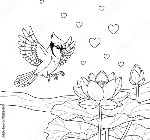 Blue Jay and Lotus Flowers Coloring Page with Hearts - Nature and Love Themed Line Art Illustration for Kids
